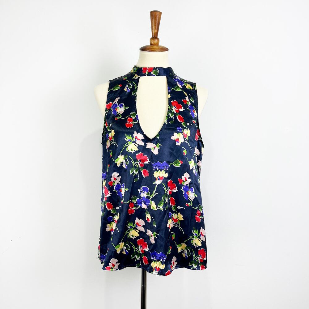 Tularosa Black Satin Floral Sleeveless Blouse Tank Top Size Small